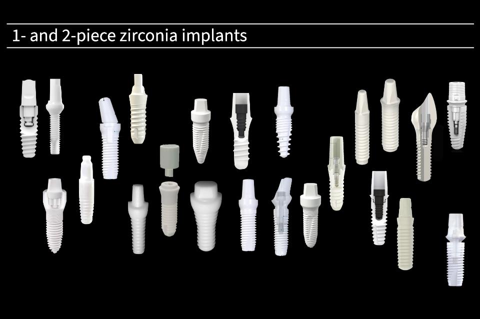 Fig. 1a: Evolução do implante de zircônia de 2004 a 2023 (uma peça e duas peças). (Crédito da edição de imagem: Stefan Roehling)