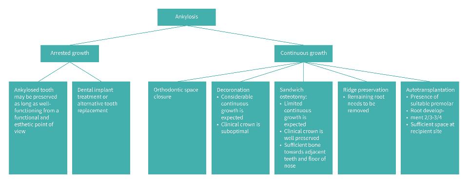 Fig. 10: Diagrama para la toma de decisiones para el diagnóstico de la anquilosis. Diagrama para la toma de decisiones con factores asociados al crecimiento, parámetros clínicos y radiográficos que pueden influir en la elección del tratamiento