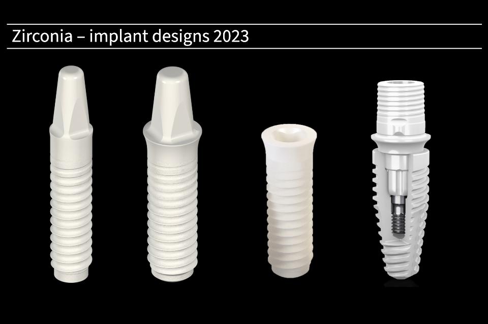 Fig. 1d: Attuali design di impianti in zirconia (1 e 2 pezzi) nel 2023 (Crediti per l'elaborazione dell'immagine: Stefan Roehling)