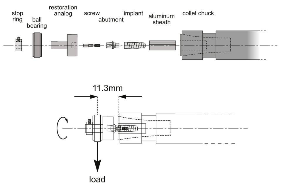 Fig. 11: Principle of rotational fatigue. Due to the rotational movement under weight, the test piece (i.e. the implant-abutment complex) is subjected to a continuous flow of fully reversed sinusoidal loads