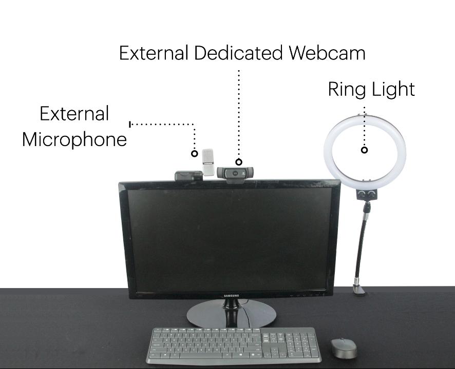 Fig. 5: A basic set-up for virtual presentations including a webcam, lighting, microphone and a second monitor to use with your laptop