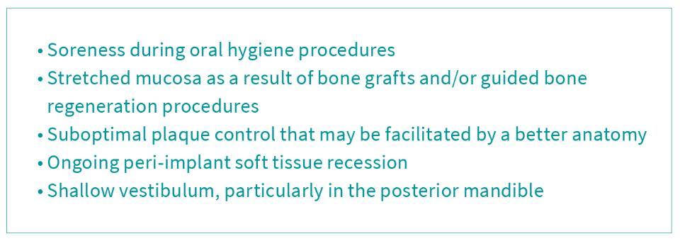 Table 1: Clinical situations where patients with implants presenting one or more of the following conditions may benefit from a free gingival graft for effective peri-implant maintenance care.