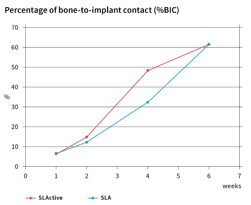 Fig. 17: Graph illustrating the effect of implant surface chemistry on the percentage of new bone-to-implant contact (%BIC) over time. SLA, sandblasted and acid etched; SLActive, chemically activated and treated with sandblasting and acid etching (from Lang et al. 2011; modified from Bosshardt et al. 2017 with permission) 